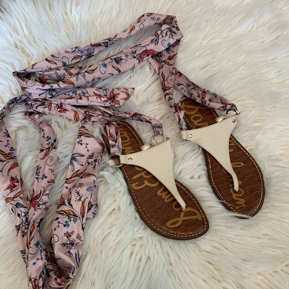 Sam Edelman Giliana Sandals - cream with Pink Floral wrap around silk satin tie - Picture 6 of 9
